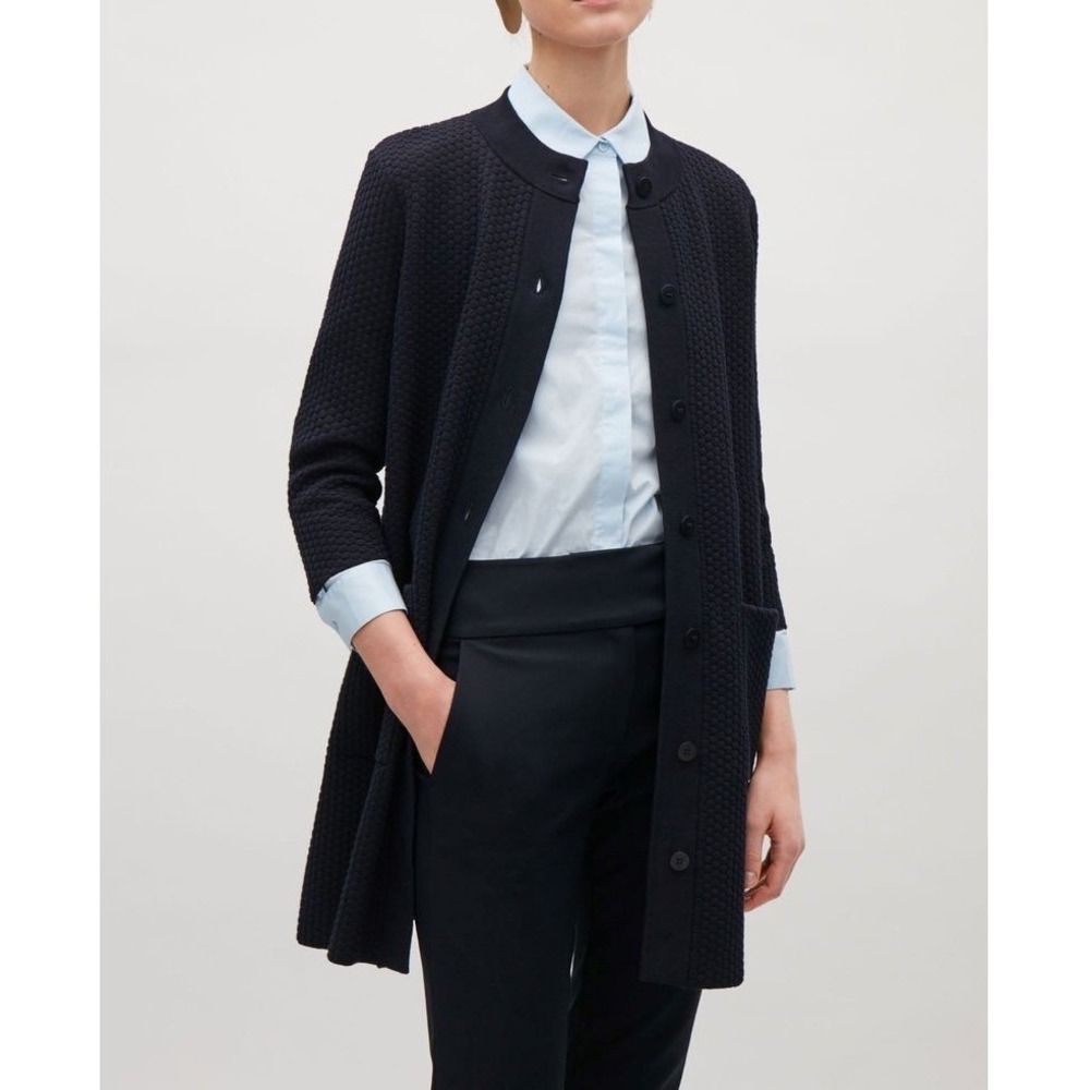 COS Textured Knit Cardigan Women Medium Navy Blue Bubble Knit Longline Button Up
